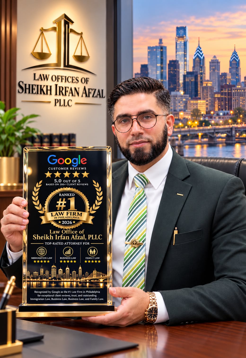 Sheikh Irfan Afzal holding a customer reviews plaque supplied by the firm