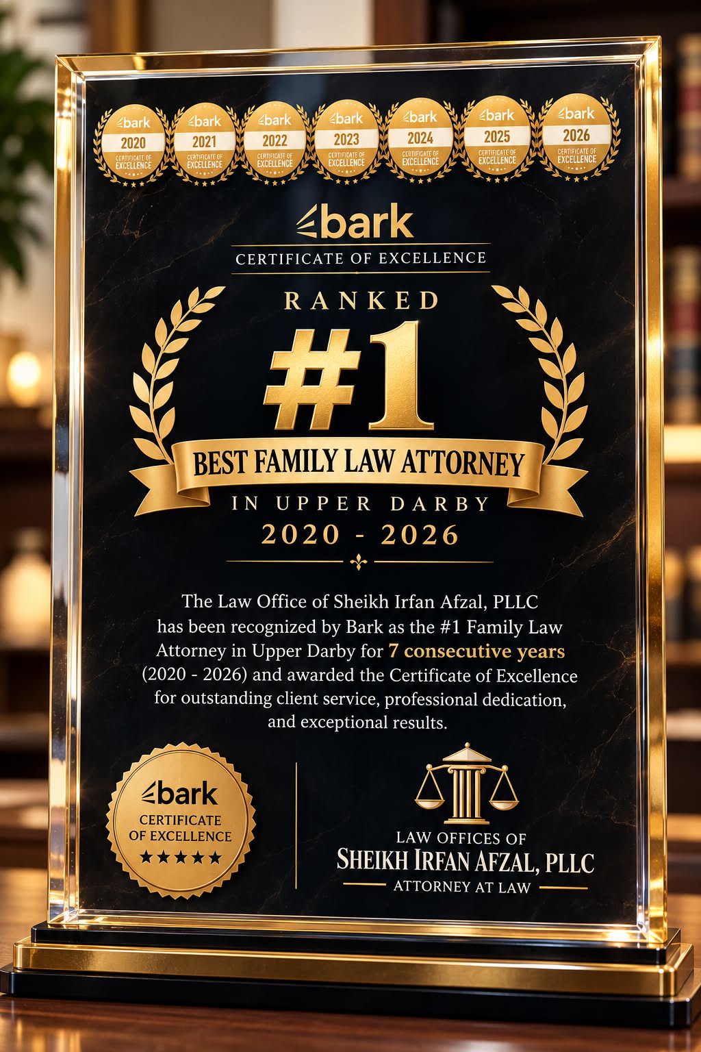 Bark certificate of excellence plaque supplied by the firm