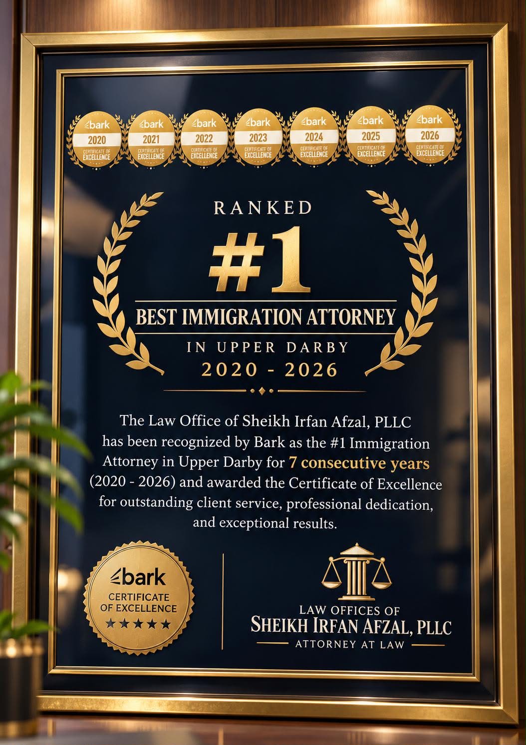 Bark immigration-law plaque supplied by the firm