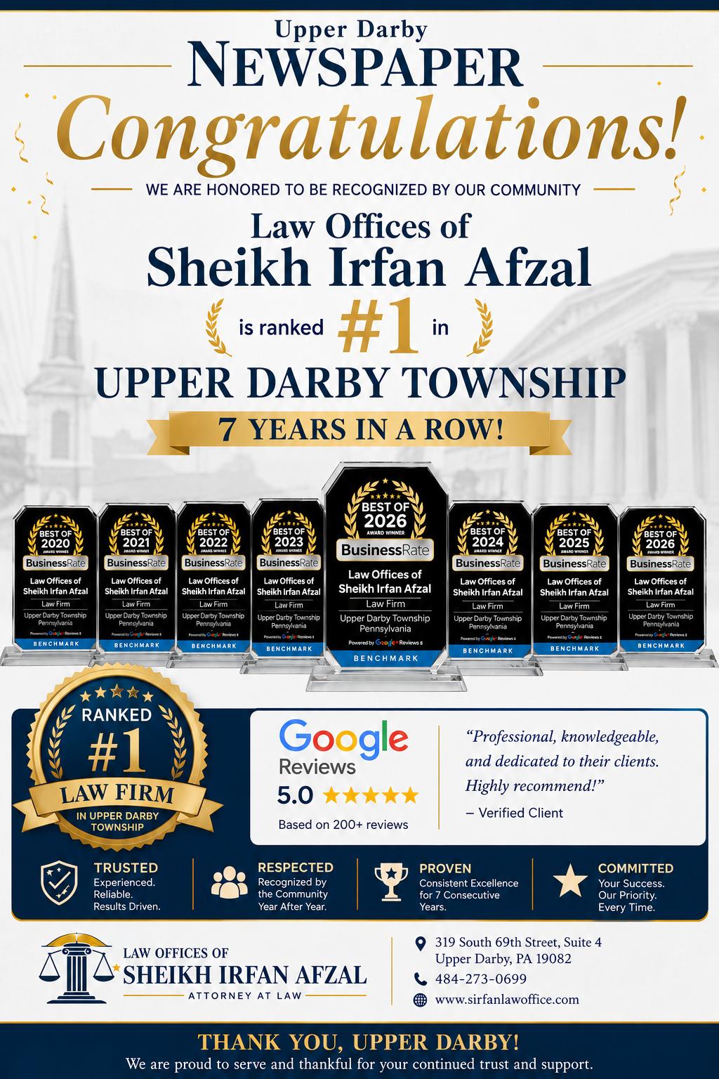 Upper Darby Newspaper recognition graphic for the Law Offices of Sheikh Irfan Afzal, displaying Best of award images for 2020 through 2026