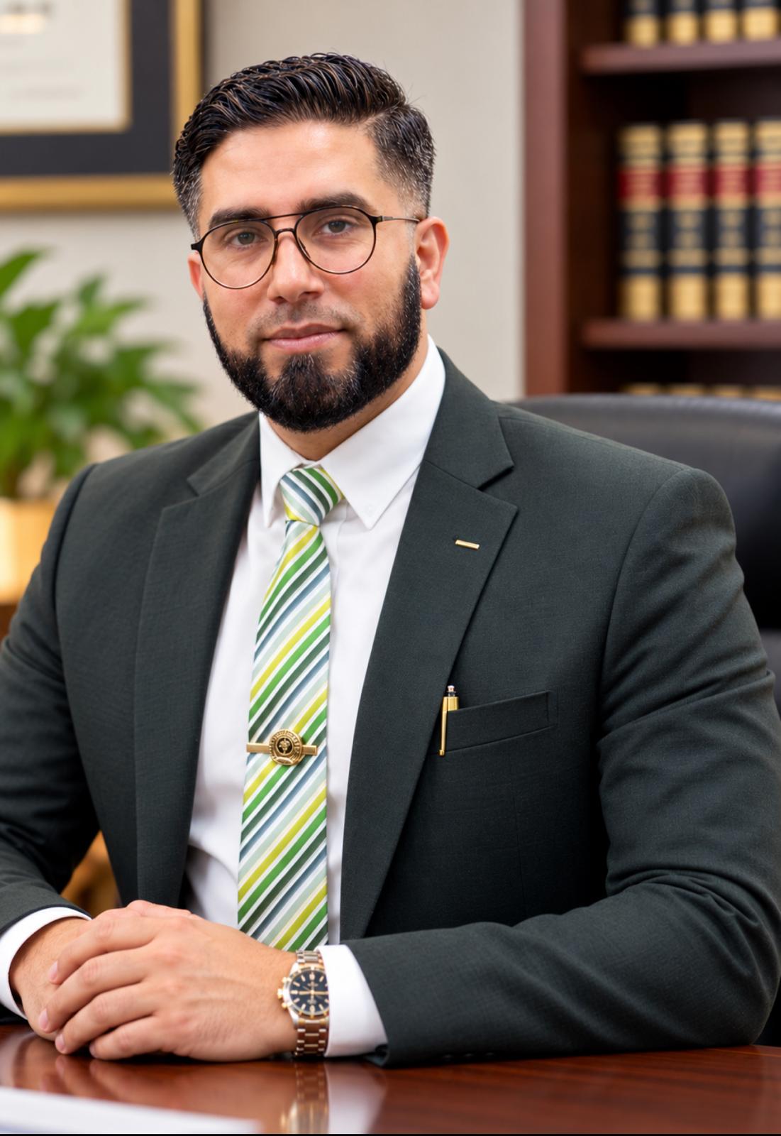 Portrait of Sheikh Irfan Afzal seated in his office
