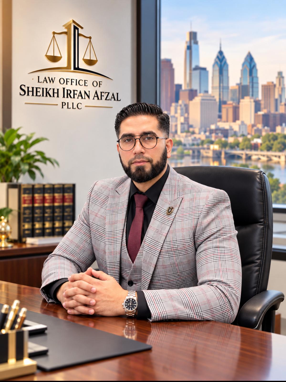 Sheikh Irfan Afzal seated at his desk in his office