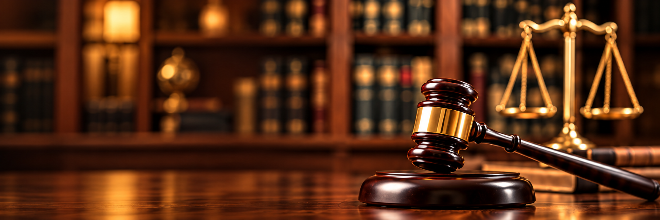 Gold-banded gavel and scales of justice in a law library